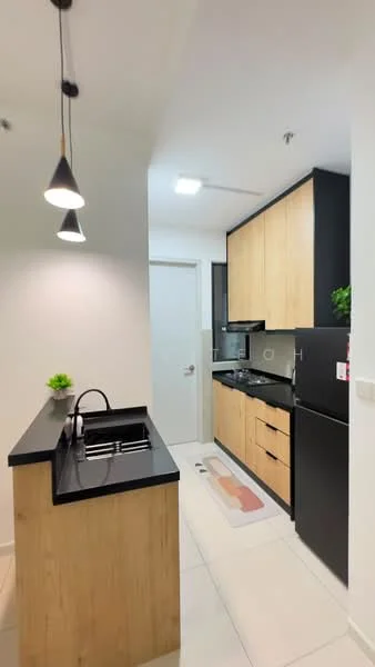 Kitchen features: black granite countertop, wood cabinetry in light finish, stainless-steel single-bowl sink, chrome pull-down faucet, built-in stove, built-in oven, black refrigerator, white tiled flooring, pendant light fixture, wall-mounted cabinets, kitchen rug with abstract design, door leading to hallway; style: modern.