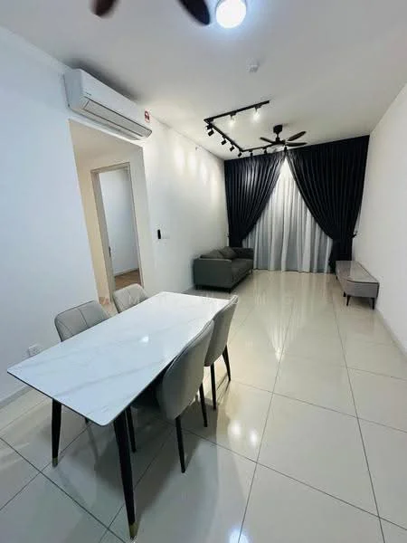 Living features: white painted walls, glossy tile flooring, recessed LED downlights, 5-blade ceiling fan, floor-to-ceiling windows with sheer curtains, grey fabric sofa, light grey armchair, marble-top dining table, 4 upholstered dining chairs; style: modern.