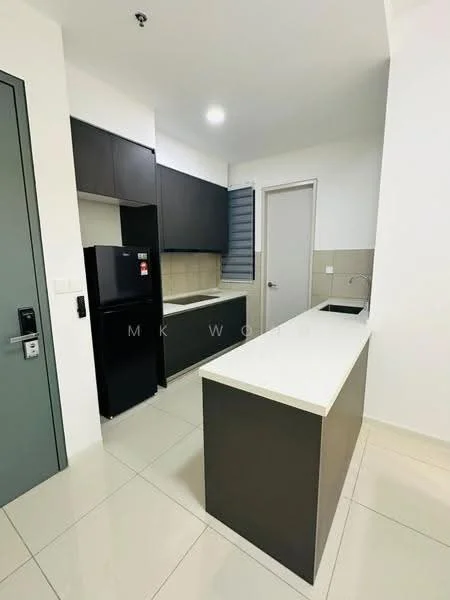 Kitchen features: black cabinetry, white countertop, stainless-steel sink, single-bowl sink, chrome faucet, built-in refrigerator, ceramic tile flooring, wall-mounted cabinets, open shelving, neutral wall color, window with louvered shutters; style: modern.