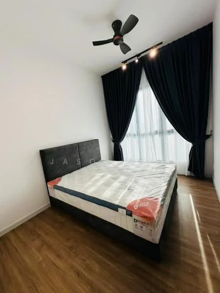 Bedroom features: queen-size bed, black upholstered headboard, white bedding, wooden flooring, 5-blade ceiling fan with light, floor-to-ceiling windows, black curtains, white painted walls; style: modern.