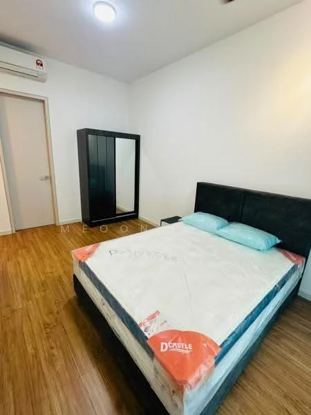 Bedroom features: king-size bed, upholstered headboard, two blue pillows, wooden flooring, wall-mounted split AC, full-length mirror, black wardrobe, white painted walls, recessed ceiling light; style: modern.