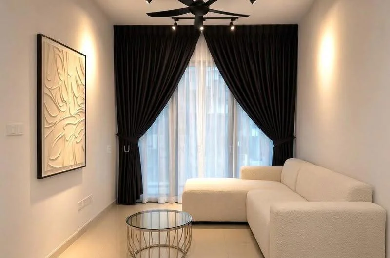 Living features: white fabric L-shape sectional sofa, glass coffee table with metal base, black curtains, sheer curtains, recessed LED downlights, 5-blade ceiling fan, white painted walls, cream tiled flooring, decorative wall art; style: modern.