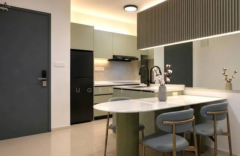 Kitchen features: green cabinetry, white countertop, black built-in oven, black range hood, stainless-steel sink, chrome pull-down faucet, refrigerator, pendant lighting, tile backsplash, dining table with round top, upholstered dining chairs in blue, wall-mounted light fixture, cream painted walls, recessed ceiling lights; style: modern.