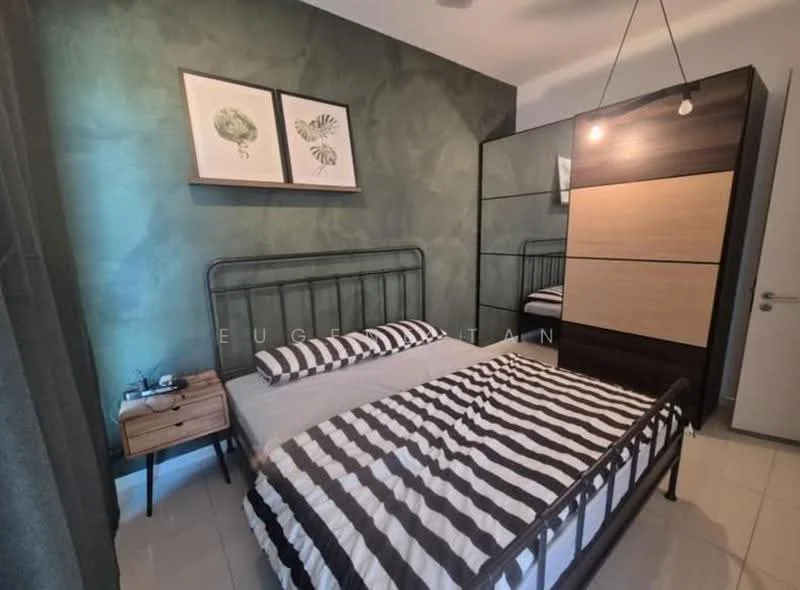 Bedroom features: king-size bed with striped bedding, metal bed frame, wooden bedside table, framed artwork on walls, green textured wall, mirror wardrobe, pendant light fixture, floor-to-ceiling curtains, tile flooring; style: modern.