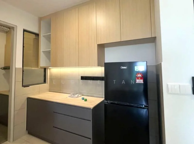 Kitchen features: light wood cabinetry, grey lower cabinets, laminate countertop, stainless-steel fridge, built-in shelving, tile backsplash, under-cabinet lighting, single-bowl stainless-steel sink; style: modern.