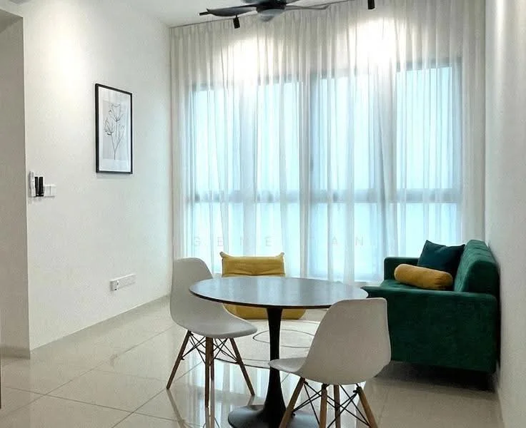 Dining features: round dining table, 3 white dining chairs, green fabric sofa, floor-to-ceiling windows, sheer curtains, white painted walls, glossy tile flooring, ceiling fan with light; style: modern.