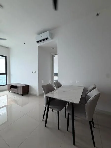 Dining features: marble dining table, 4 upholstered dining chairs, wooden sideboard, floor-to-ceiling windows, white painted walls, glossy tile flooring, 1 wall-mounted split AC, city view; style: modern; view: city.