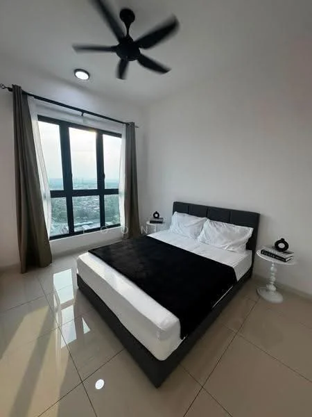 Bedroom features: king-size bed with black upholstered headboard, white bedding, 2 bedside tables, table lamps on bedside tables, floor-to-ceiling windows, blackout curtains, ceiling fan with 5 blades, white painted walls, glossy tile flooring, city view from windows; style: modern; view: city.