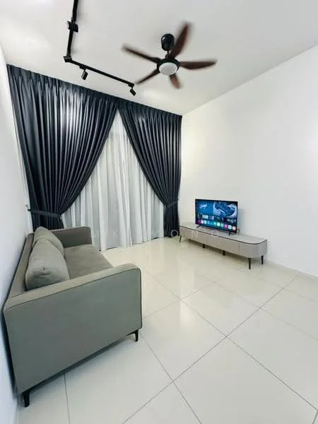 Living features: 3-seater fabric sofa in grey, floor-to-ceiling windows, sheer curtains, blackout curtains, wall-mounted TV, TV console, recessed LED downlights, ceiling fan with light, glossy tile flooring, white painted walls; style: modern.