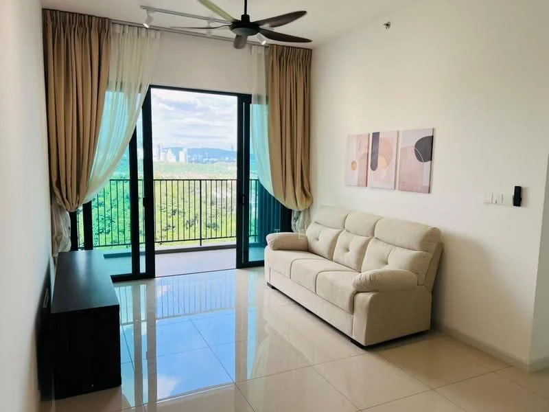 Living features: 3-seater fabric sofa in cream, floor-to-ceiling windows, sheer curtains, blackout curtains, ceiling fan with light, glossy tile flooring, wall-mounted TV, wooden TV console, decorative wall art, greenery view; style: modern; view: city.