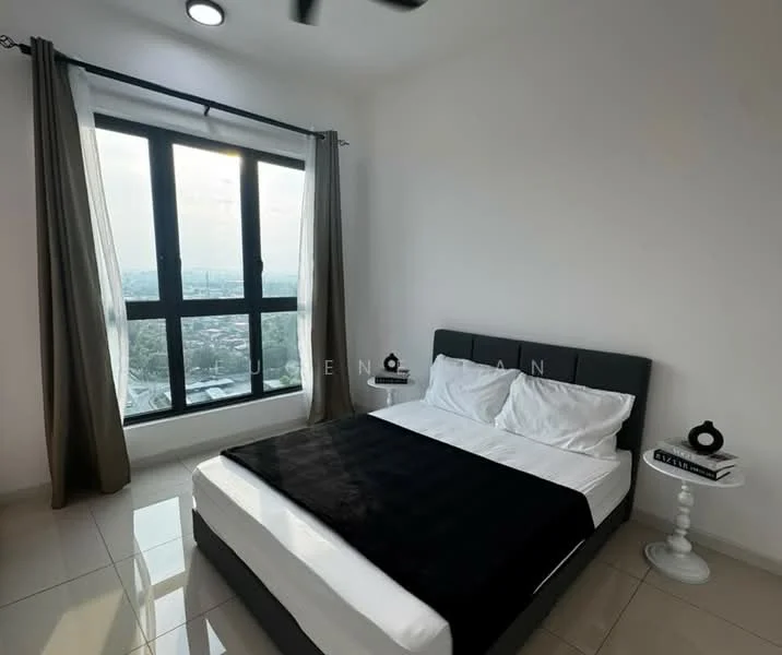 Bedroom features: king-size bed with black bedding, white pillows, floor-to-ceiling windows, city view, grey upholstered headboard, white bedside table, decorative black object on bedside table, ceiling fan, light-colored walls, glossy tile flooring, curtains in neutral color; style: modern; view: city.
