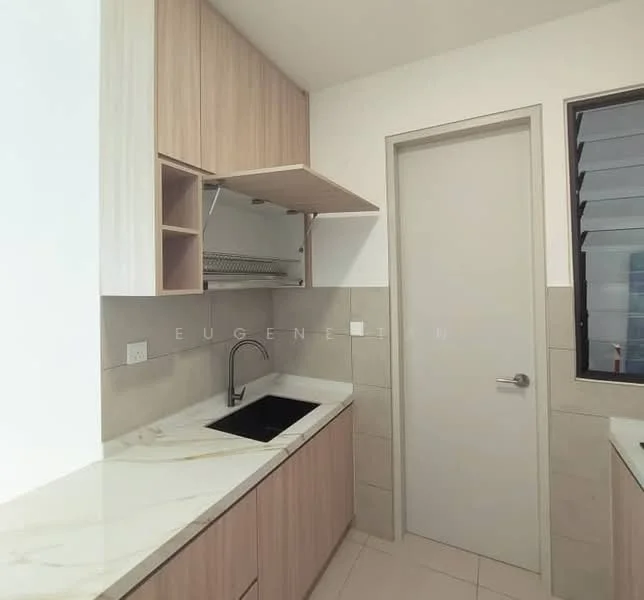 Kitchen features: single-bowl black sink, chrome pull-down faucet, white marble countertop, light wood cabinetry, open shelving, tile backsplash, grey tiled flooring, wall-mounted cabinet, door leading to utility area, window with horizontal slats; style: modern.