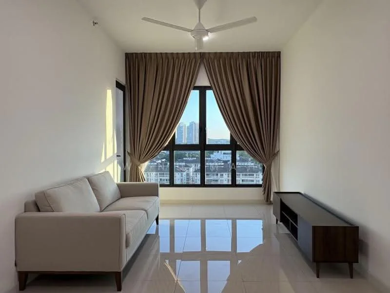 Living features: 3-seater fabric sofa in cream, wooden TV console, floor-to-ceiling windows, sheer curtains, heavy drapes, white painted walls, polished ceramic tile flooring, ceiling fan with light; style: modern; view: city.