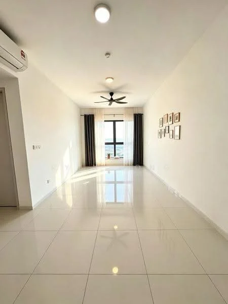 Living features: white painted walls, glossy ceramic tile flooring, 5-blade ceiling fan, floor-to-ceiling window, sheer curtains, blackout curtains, decorative wall frames, recessed ceiling lights, air conditioning unit; style: modern; view: city.