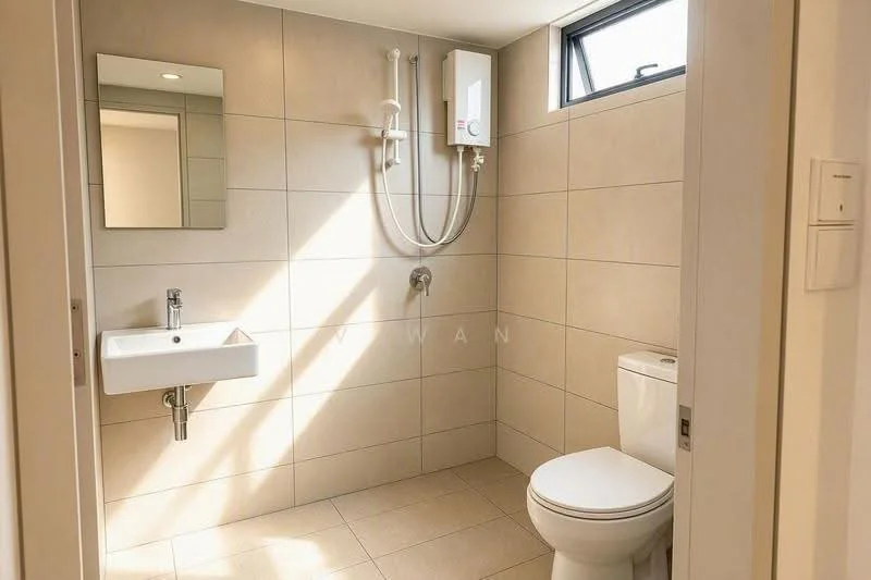 Bathroom features: wall-mounted sink, chrome faucet, toilet, shower with wall-mounted showerhead, white tiled walls, beige tiled flooring, small window for natural light, mirror above sink, water heater mounted on wall; style: modern.