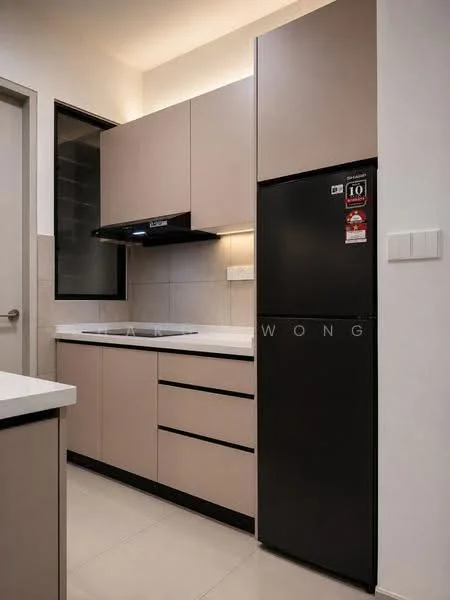 Kitchen features: laminate cabinetry in beige, white countertop, built-in oven, stainless-steel sink, chrome pull-down faucet, black refrigerator, ceramic tile flooring, wall-mounted range hood, glass window, recessed downlights; style: modern.