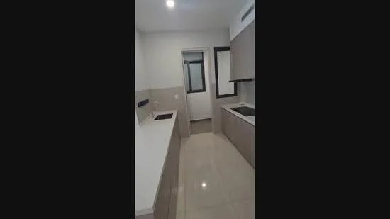 Kitchen features: white quartz countertop, light grey cabinetry, single-bowl stainless-steel sink, chrome pull-down faucet, built-in oven, 4-burner gas hob, ceramic tile flooring, recessed downlights, wall-mounted cabinets, window with black frame, neutral wall color, open layout; style: modern.