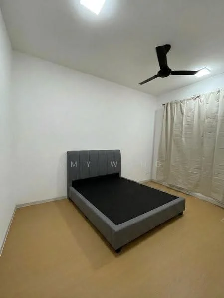 Bedroom features: grey upholstered bed frame, black mattress, white painted walls, ceiling fan, curtains, laminate flooring, recessed ceiling lights; style: modern.