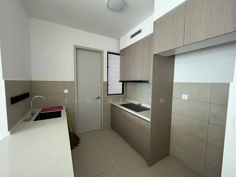 Kitchen features: white quartz countertop, single-bowl stainless-steel sink, chrome pull-down faucet, wood cabinetry in light brown, tile backsplash, built-in oven, ceramic tile flooring, recessed downlights, window with black frame, grey wall tiles, neutral painted walls; style: modern.