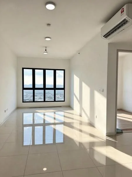 Room features: white painted walls, glossy ceramic tile flooring, floor-to-ceiling windows, recessed LED downlights, 1 wall-mounted split AC, natural light from windows, city view, no visible furniture; style: modern; view: city.