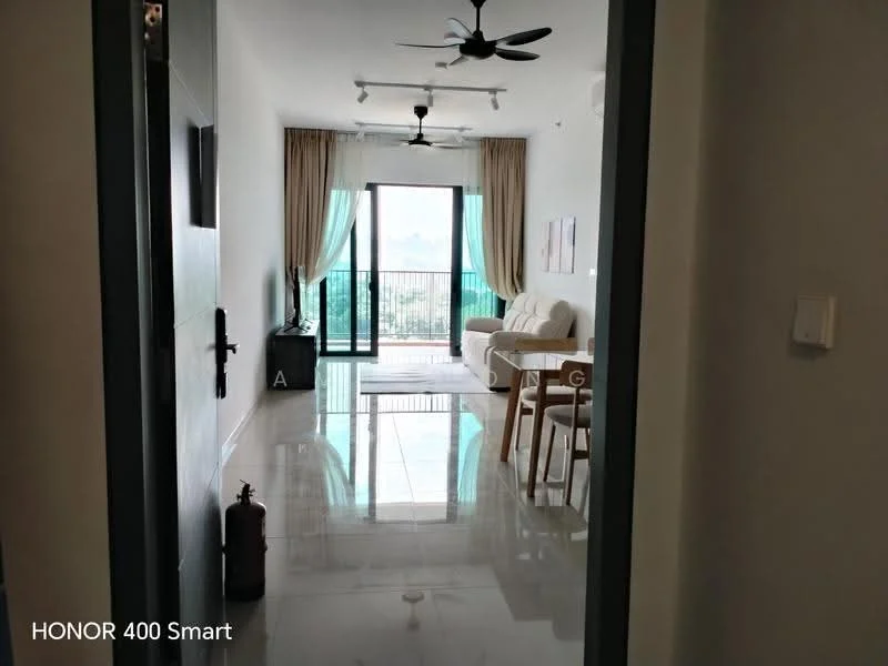 Living features: white painted walls, glossy marble tile flooring, 2 ceiling fans, sofa in light color, coffee table, TV console, wall-mounted TV, floor-to-ceiling windows, curtains, dining table with chairs, decorative wall art; style: modern; view: city.