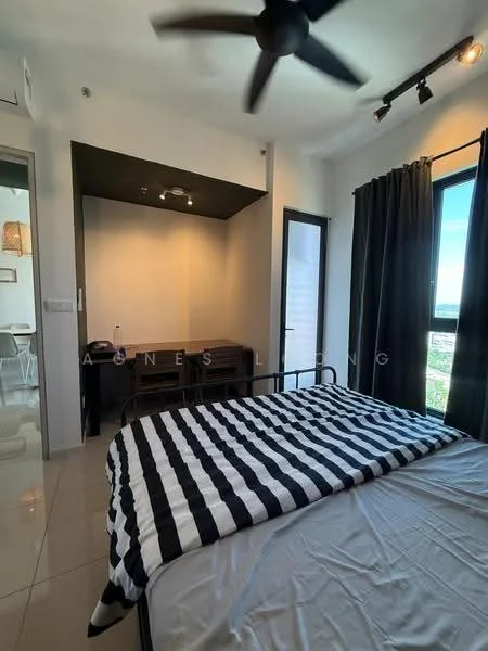 Bedroom features: queen-size bed with striped bedding, black curtains, floor-to-ceiling windows, ceiling fan, white painted walls, tile flooring, desk with chairs, wall-mounted light fixture; style: modern; view: city.
