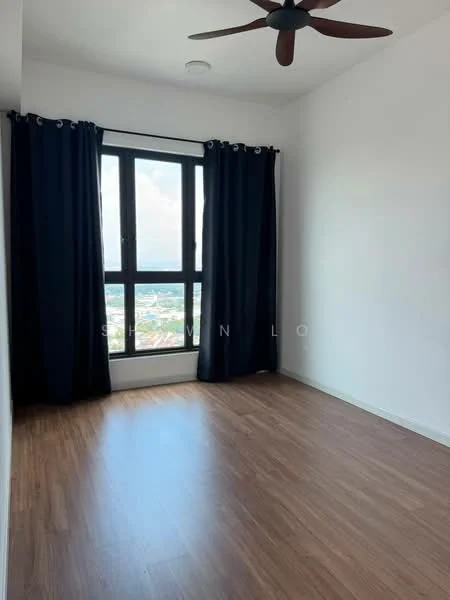 Room features: wooden flooring, white painted walls, floor-to-ceiling windows, blackout curtains, 5-blade ceiling fan; style: modern; view: city.