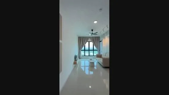 Living features: white painted walls, polished tile flooring, 5-blade ceiling fan with light, floor-to-ceiling windows, sheer curtains, sofa in beige, coffee table, decorative wall art; style: modern; view: sea.