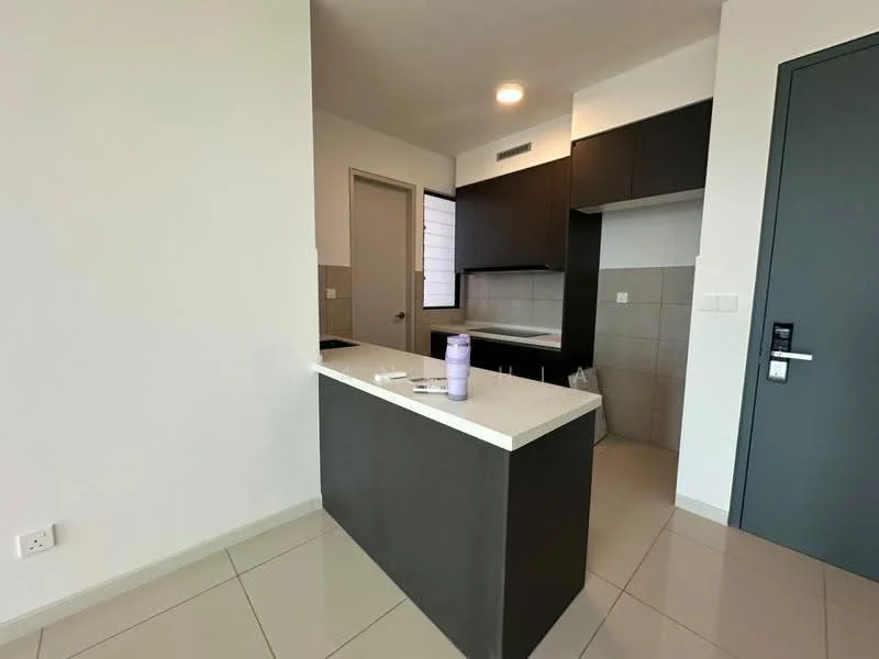 Kitchen features: white quartz countertop, dark cabinetry, built-in kitchen appliances, ceramic tile backsplash, single-bowl stainless-steel sink, chrome pull-down faucet, open layout, floor-to-ceiling windows, recessed downlights, neutral wall color, glossy tile flooring; style: modern.