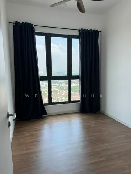 Room features: floor-to-ceiling windows, blackout curtains, wooden flooring, ceiling fan, white walls; style: modern; view: city.