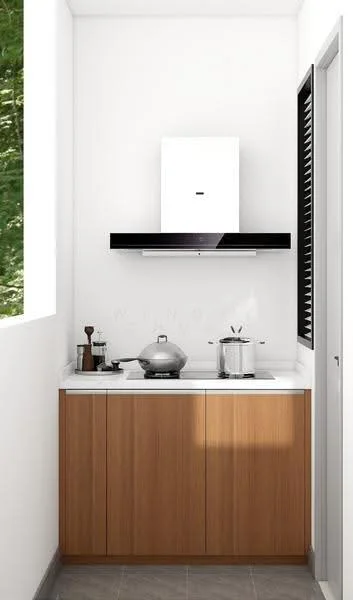 Kitchen features: white walls, grey tile flooring, wood cabinetry, stainless-steel gas hob, stainless-steel pot, stainless-steel kettle, black range hood, window with black slats, countertop with white surface, decorative kitchen utensils; style: modern; view: garden.