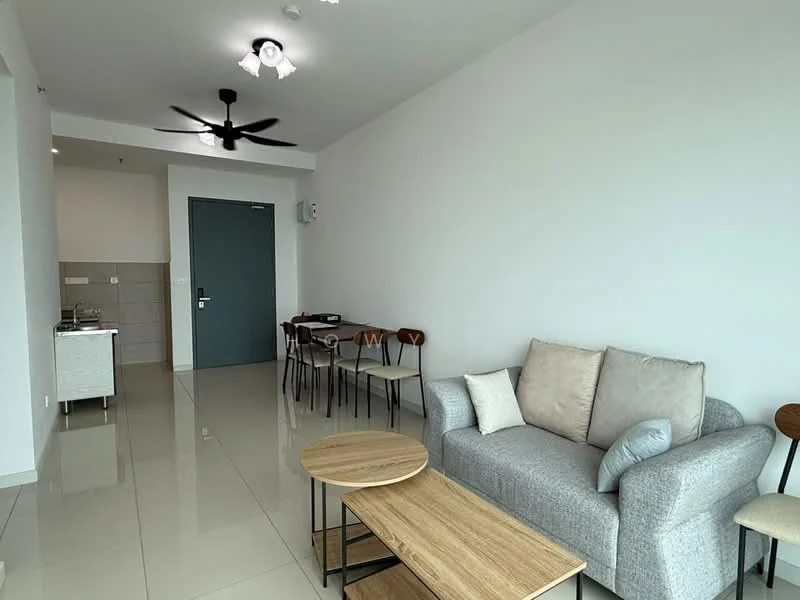 Living features: grey fabric sofa, 2 wooden coffee tables, ceiling fan with light, wall-mounted TV, dining table with 4 chairs, white painted walls, glossy tile flooring, recessed ceiling lights; style: modern. Kitchen features: stainless-steel sink, built-in kitchen cabinets, countertop with bar seating, kitchen appliances visible; style: modern.