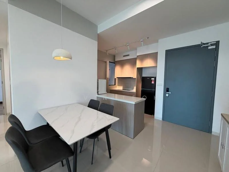 Dining features: marble dining table, 4 black upholstered dining chairs, pendant light fixture, white painted walls, grey accent wall, glossy tile flooring, open-plan layout, kitchen island with countertop; style: modern. Kitchen features: stainless-steel fridge, built-in oven, ceramic cooktop, wood cabinetry, countertop with overhang, sink with faucet, under-cabinet lighting; style: modern.