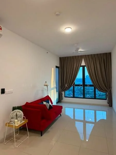 Living features: red fabric sofa, white side table, floor-to-ceiling windows, curtains in beige, white painted walls, polished tile flooring, ceiling light, ceiling fan, decorative wall art, city view; style: modern; view: city.
