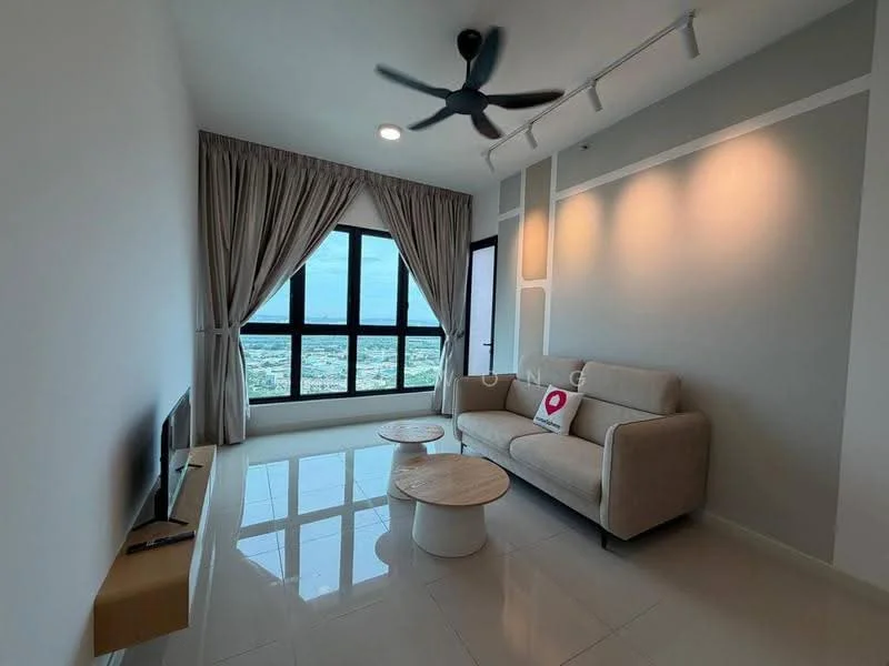 Living features: beige fabric sofa, round coffee table, wall-mounted TV, 5-blade ceiling fan with light, floor-to-ceiling windows, sheer curtains, white painted walls, glossy tile flooring, recessed downlights; style: modern; view: city.