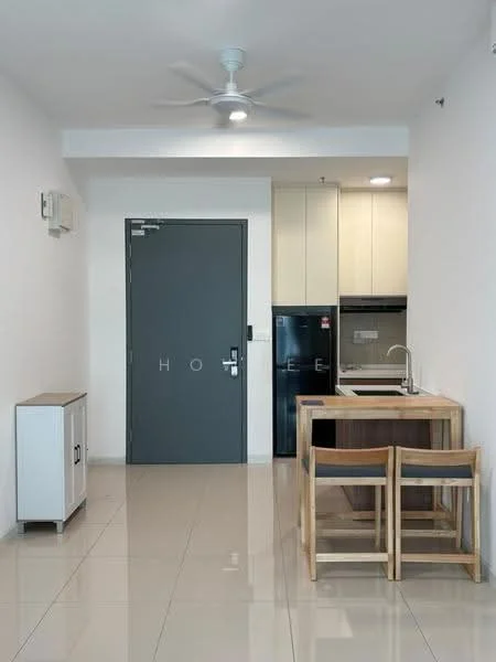 Kitchen features: white painted walls, glossy tile flooring, 5-blade ceiling fan with light, single-bowl stainless-steel sink, chrome pull-down faucet, wooden dining table, 2 wooden dining chairs, built-in kitchen cabinets, black refrigerator, wall-mounted air conditioning unit; style: modern.