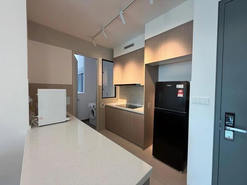 Kitchen features: white quartz countertop, light wood cabinetry, black refrigerator, built-in oven, stainless-steel sink, chrome pull-down faucet, ceramic tile flooring, recessed LED downlights, open shelving, microwave, laundry area visible through door; style: modern.