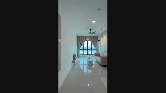 Living features: white painted walls, glossy tile flooring, 5-blade ceiling fan with light, floor-to-ceiling windows, sheer curtains, sofa in beige, coffee table, decorative wall art; style: modern; view: sea.