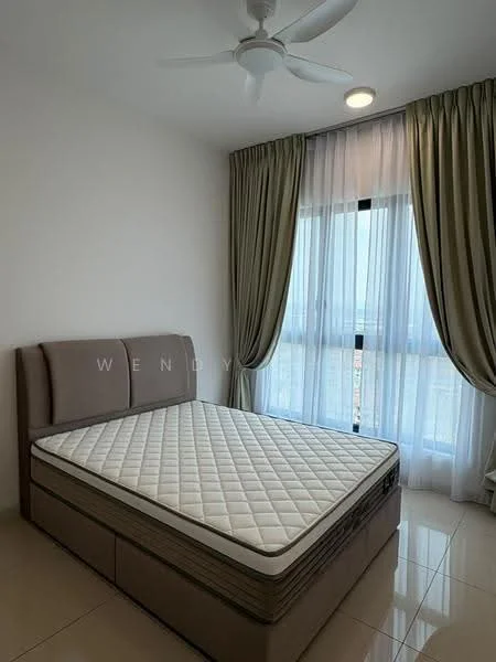 Bedroom features: queen-size bed, upholstered headboard, floor-to-ceiling windows, sheer curtains, blackout curtains, 5-blade ceiling fan, recessed downlights, glossy tile flooring, neutral painted walls, decorative wall trim; style: modern; view: city.