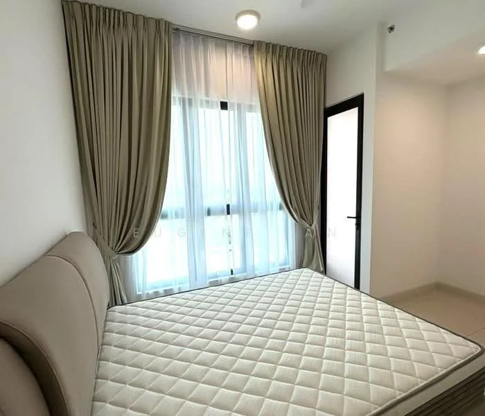 Bedroom features: queen-size bed frame without mattress, floor-to-ceiling windows, sheer curtains, blackout curtains, light-colored walls, neutral-colored flooring, recessed ceiling lights, door with black frame; style: modern.