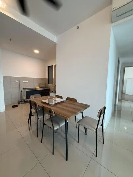 Dining features: 6-seater dining table, metal dining chairs, white walls, tile flooring, recessed lighting, air conditioning unit, open layout to kitchen, grey tiled backsplash; style: modern. Kitchen features: kitchen countertop, sink, kitchen cabinets, stainless-steel appliances, grey tiled walls; style: modern.