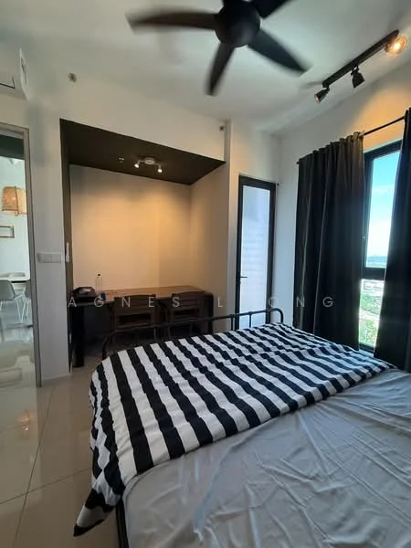 Bedroom features: king-size bed with striped bedding, floor-to-ceiling window, blackout curtains, ceiling fan, tile flooring, wall-mounted light fixture, small dining table with chairs, accent wall in dark color; style: modern; view: city.