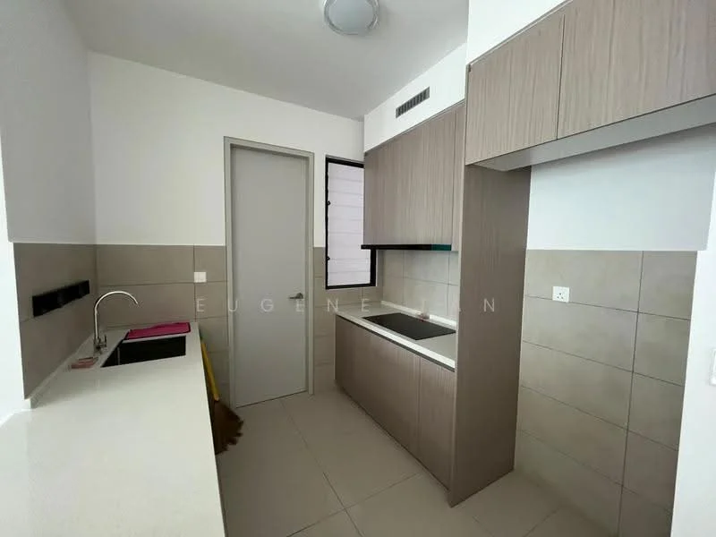 Kitchen features: single-bowl stainless-steel sink, chrome pull-down faucet, laminate countertop, wood cabinetry in light brown, built-in oven, ceramic tile backsplash, wall-mounted cabinets, grey tile flooring, recessed downlights, window with black frame, white painted walls; style: modern.
