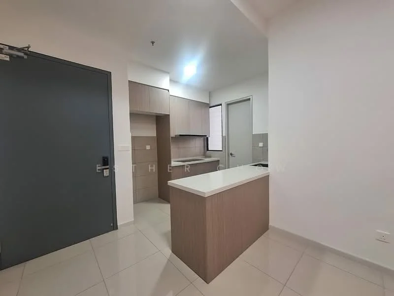 Kitchen features: white quartz countertop, laminate cabinetry in light wood finish, built-in oven, stainless-steel sink, chrome pull-down faucet, ceramic tile backsplash, recessed downlights, tile flooring, open layout, window for natural light; style: modern.
