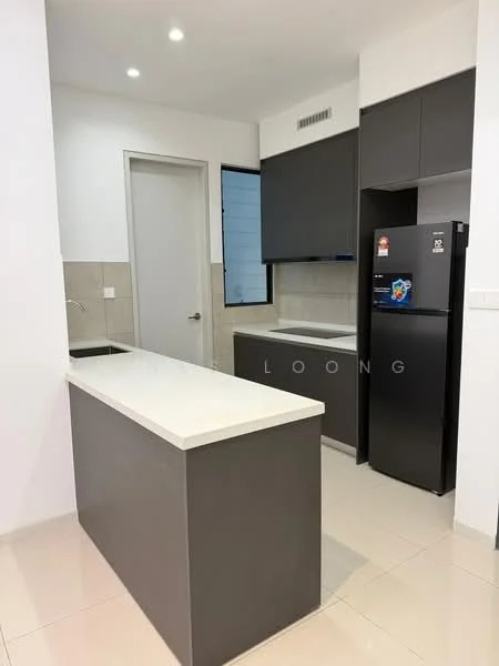 Kitchen features: white quartz countertop, grey cabinetry, built-in refrigerator, single-bowl stainless-steel sink, chrome pull-down faucet, tile backsplash, recessed downlights, wall-mounted cabinets, open shelving, ceramic tile flooring; style: modern.