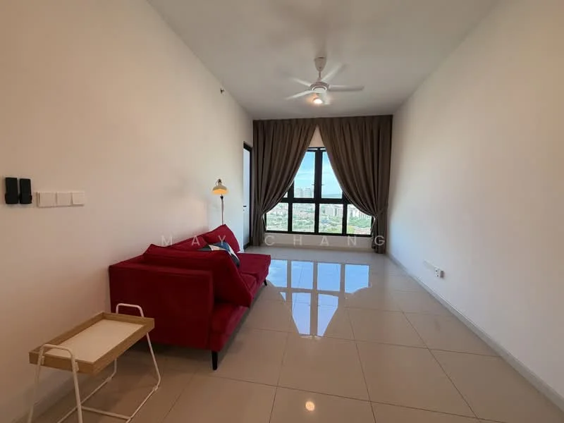 Living features: red fabric sofa, white side table, floor-to-ceiling windows, curtains, ceiling fan with light, glossy tile flooring, neutral painted walls, lamp, city view; style: modern; view: city.