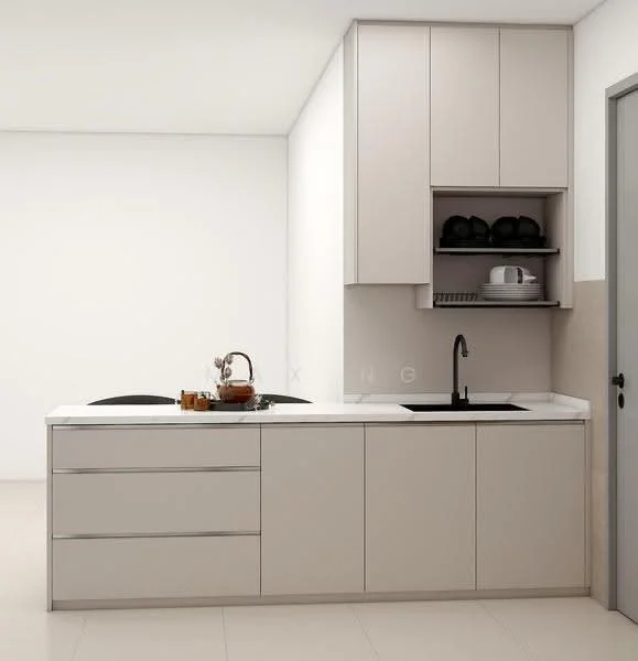 Kitchen features: light grey cabinetry, white quartz countertop, single-bowl black sink, black gooseneck faucet, built-in upper cabinets, open shelving, ceramic tile flooring, neutral wall colour, minimalist design; style: modern.
