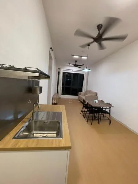 Kitchen features: single-bowl stainless-steel sink, chrome pull-down faucet, wood countertop, stainless-steel backsplash; style: modern. Living features: 2-seater fabric sofa in beige, 4-seater dining table, black dining chairs, ceiling fan, floor-to-ceiling windows, light-colored flooring, decorative wall art; style: modern.