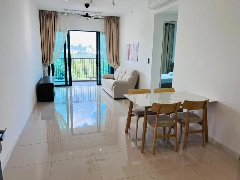 Living features: 3-seater fabric sofa in light beige, marble tile flooring, floor-to-ceiling windows, sheer curtains, ceiling fan, dining table with white marble top, 4 wooden dining chairs, black wooden sideboard, decorative wall art, view of city skyline; style: modern; view: city.