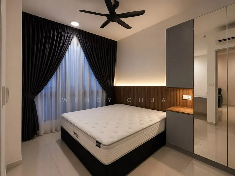Bedroom features: queen-size bed, dark wood headboard, built-in wardrobe with mirror, white walls, dark curtains, floor-to-ceiling windows, recessed LED lighting, ceiling fan with light, tile flooring; style: modern.